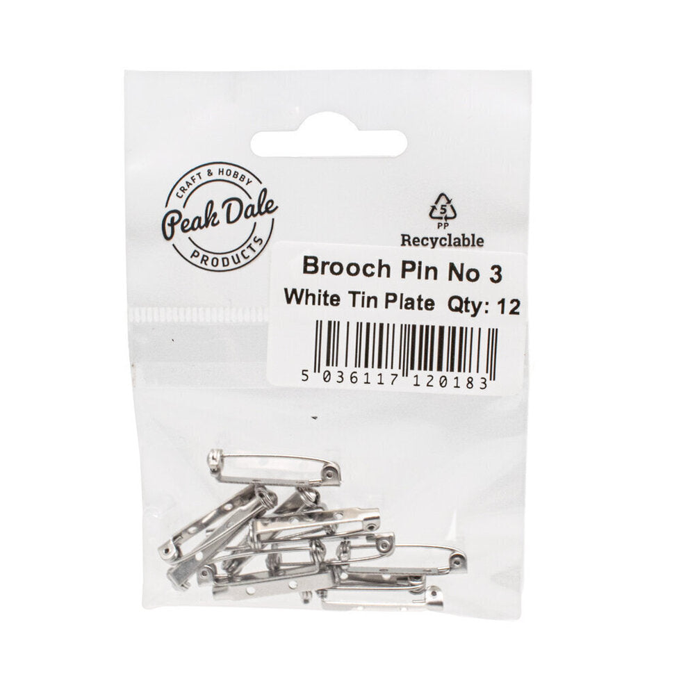 Brooch Pin No 3 White Tin Plated 25mm Pack of 12