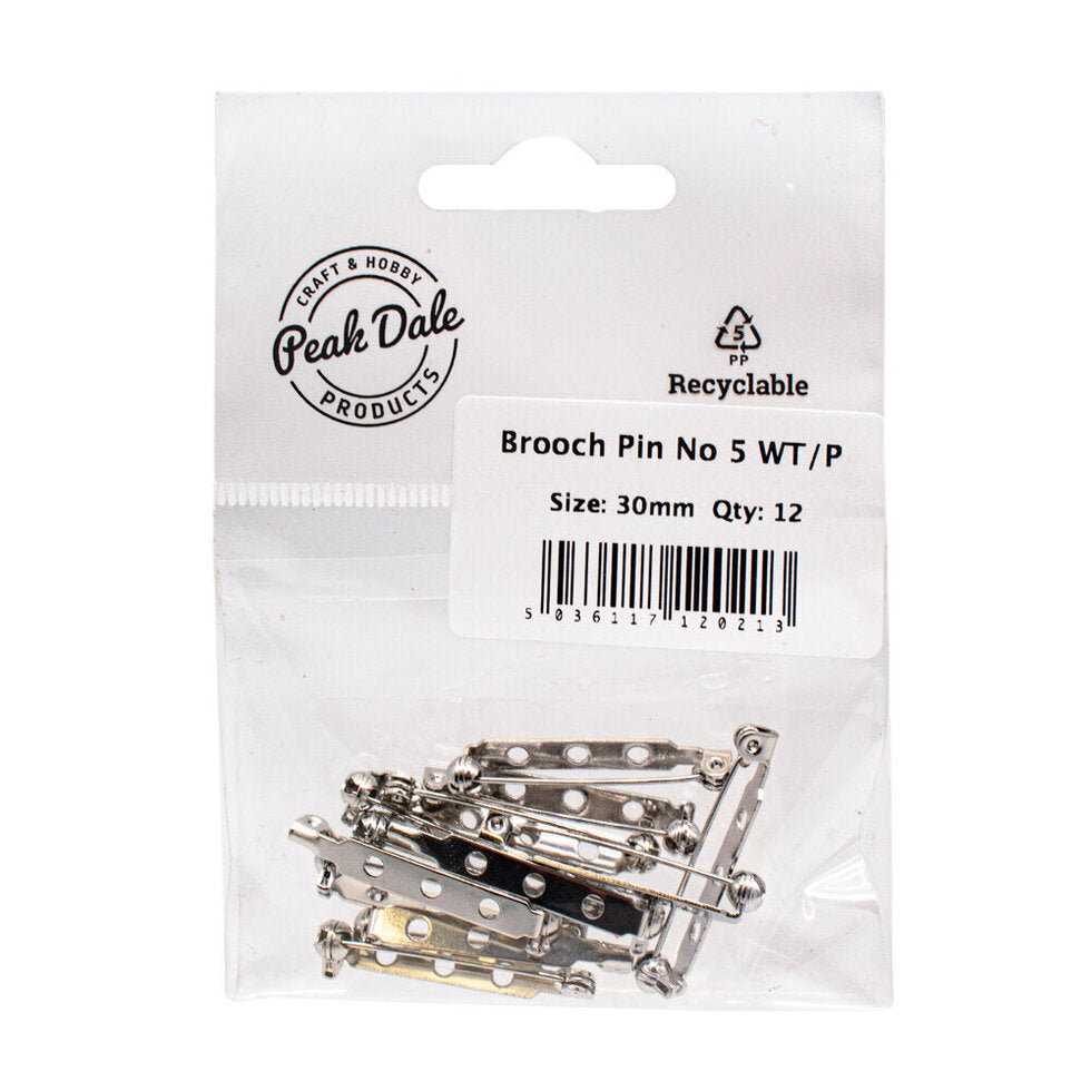 Brooch Pin No 5 White Tin Plated 30mm Pack of 12
