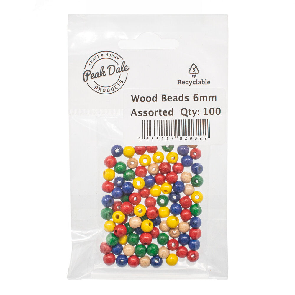 Beads Wood 6mm Round Assorted Pack of 100