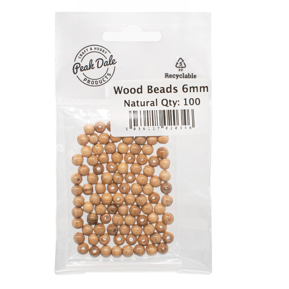 Beads Wood 6mm Round Natural Pack of 100