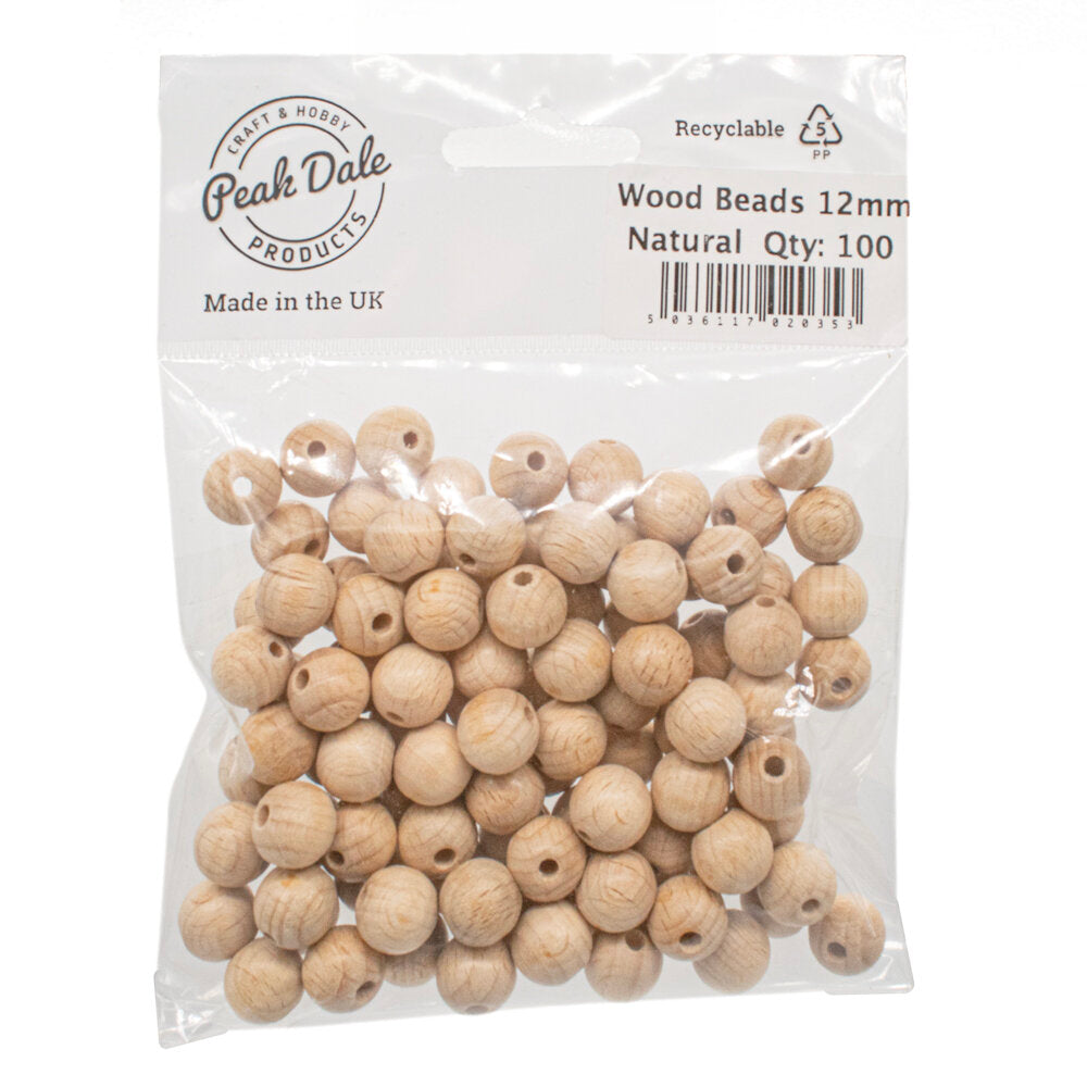 Beads Wood 12mm Round Natural Pack of 100