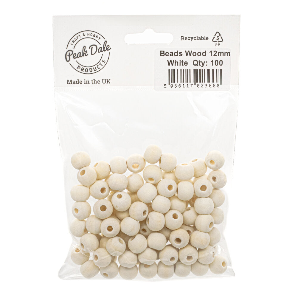 Beads Wood 12mm Round White Pack of 100