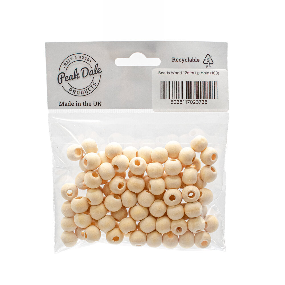 Beads Wood 12mm Large Hole Pack of 100