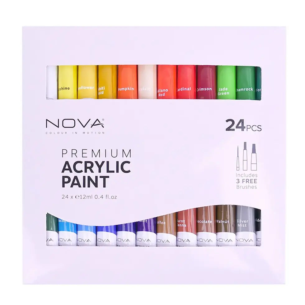 Nova Acrylic Paint Set of 24 + 3 Free Brushes