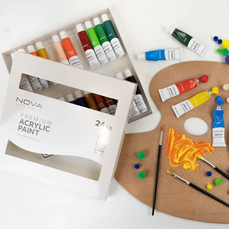 Nova Acrylic Paint Set of 24 + 3 Free Brushes