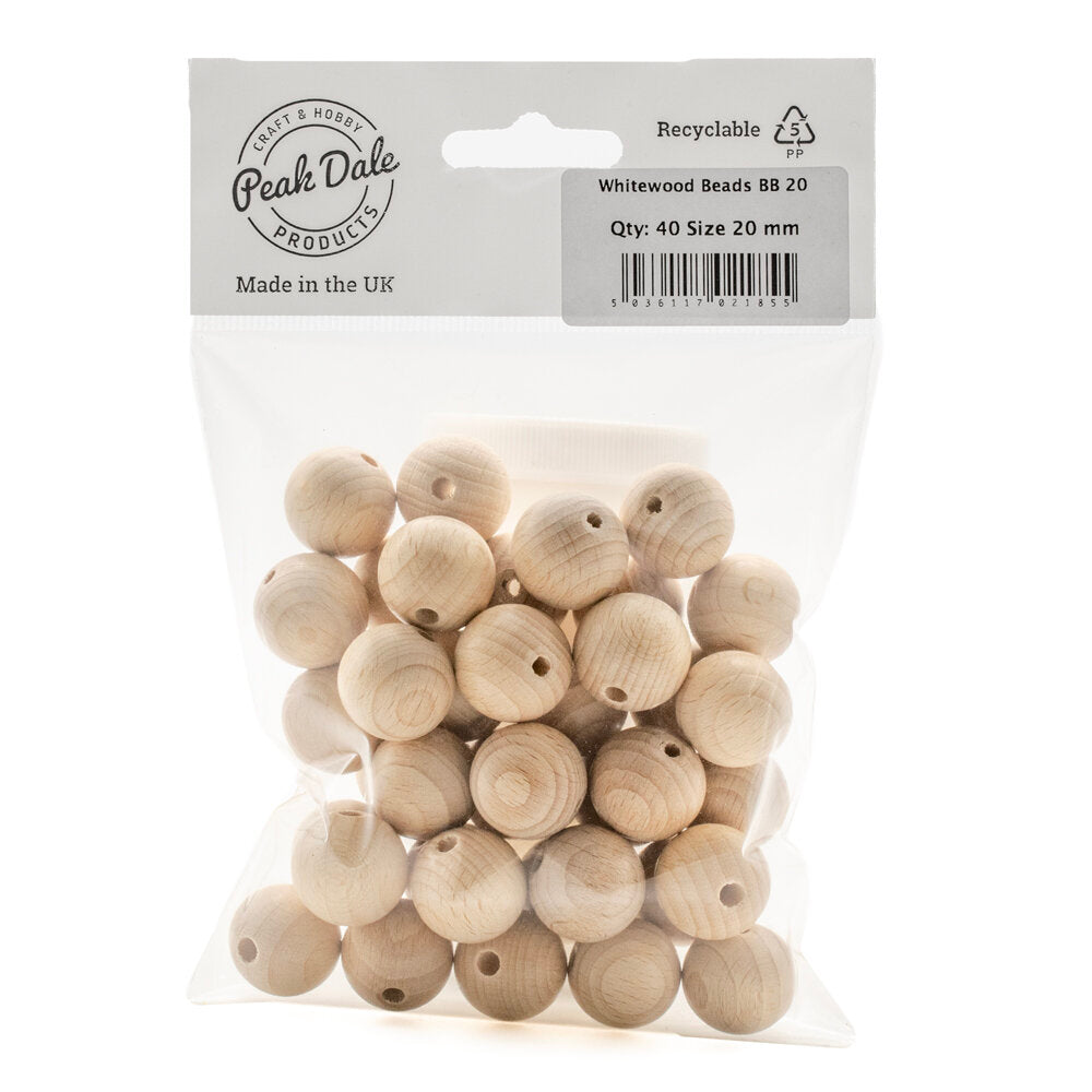 Beads Whitewood 20mm Pack of 40